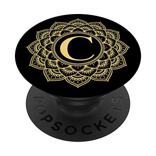 Sunflower Yellow Black Mandala Monogram Letter C Initial PopSockets PopGrip Swappable Grip for Phones  and  Tablets