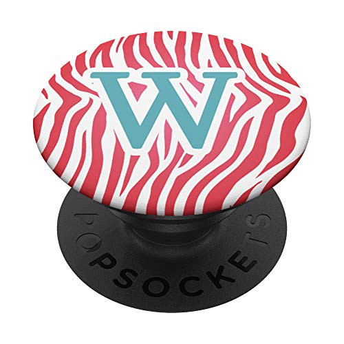 Letter W Zebra Coral Pink Teal Animal Print Initial Monogram PopSockets Grip and Stand for Phones and Tablets