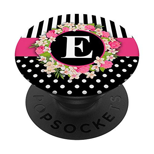 Polka Dots Stripes Pink Roses Monogram - Initial Letter E PopSockets Grip and Stand for Phones and Tablets