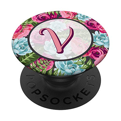 Letter V Initial Monogram Floral Rose Purple Pink Pattern PopSockets Grip and Stand for Phones and Tablets