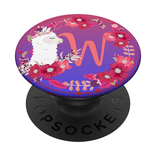 Cute Llama With Flowers Letter W Initials Monogram PopSockets Grip and Stand for Phones and Tablets