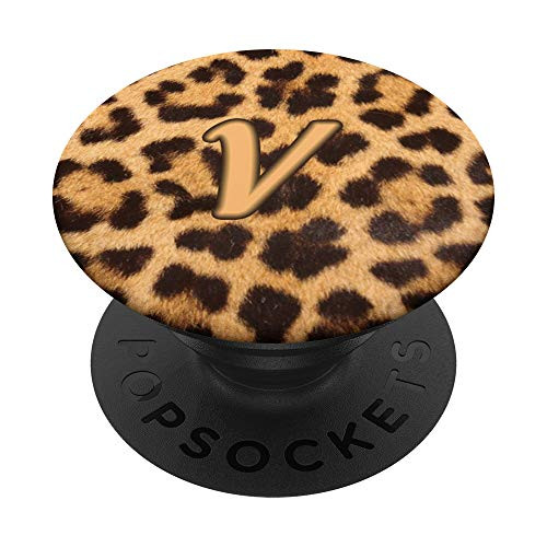 Leopard Print Pattern Monogram Initial Alphabet Letter V PopSockets Grip and Stand for Phones and Tablets