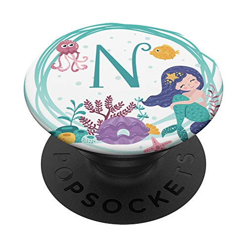 Letter N Gift Mermaid Monogram Initial N PopSockets Grip and Stand for Phones and Tablets