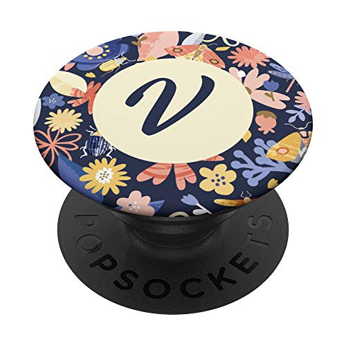 Pretty Initial Letter V Monogram on Floral Pattern PopSockets Grip and Stand for Phones and Tablets