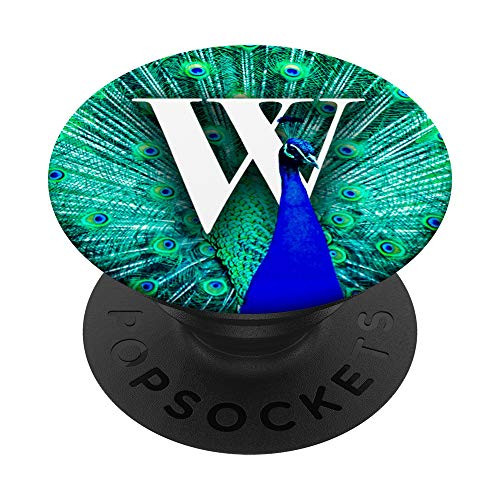 Monogram Initial W Pretty Peacock Teal Blue Feathers PopSockets Grip and Stand for Phones and Tablets