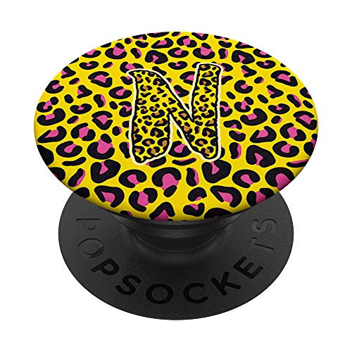 Leopard Print Yellow Pink Monogram Initial Letter N PopSockets Grip and Stand for Phones and Tablets