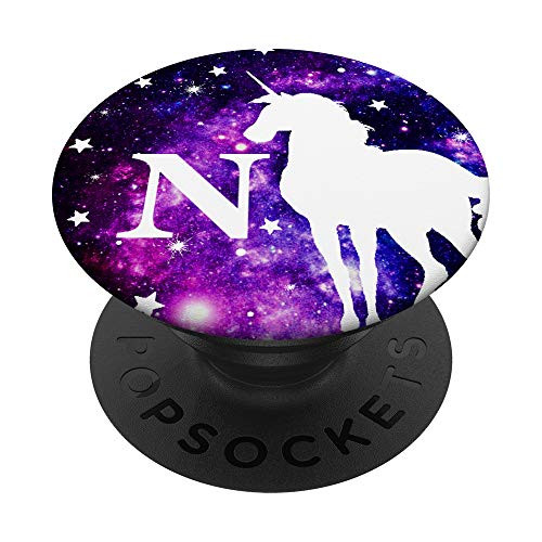 Letter N Initial Unicorn Monogram N - Purple Space Stars PopSockets Grip and Stand for Phones and Tablets