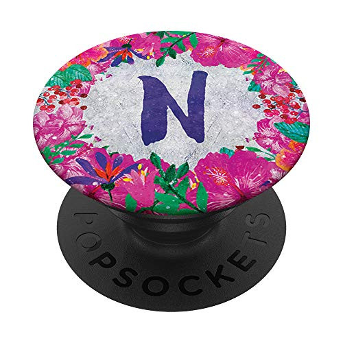 Pink Flowers White Background Blue Monogram Initial Letter N PopSockets Grip and Stand for Phones and Tablets