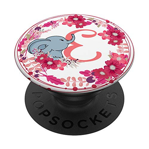 Letter E Initials Cute Elephant  and  Flowers Monogram PopSockets Grip and Stand for Phones and Tablets