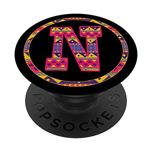 Letter N Monogram Name Initial Mexican Pattern on Black PopSockets Grip and Stand for Phones and Tablets