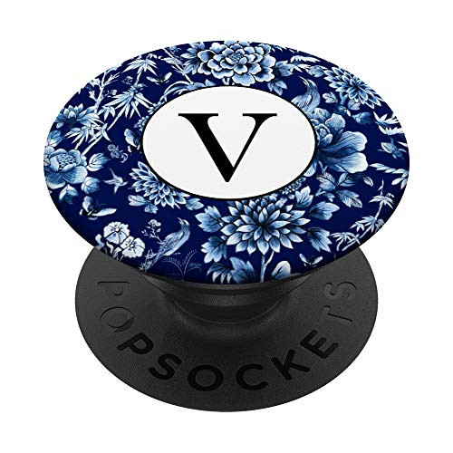 Indigo Blue Chinoiserie Pattern Monogram Initial Letter inchVinch PopSockets PopGrip Swappable Grip for Phones  and  Tablets