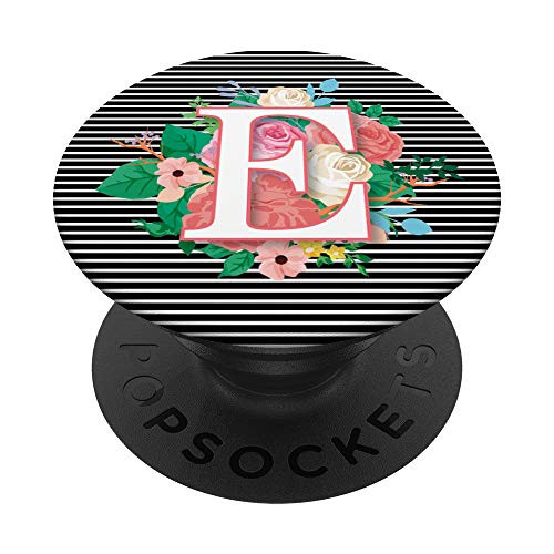 Black And White Striped Flowers Letter E Initials Monogram PopSockets Grip and Stand for Phones and Tablets