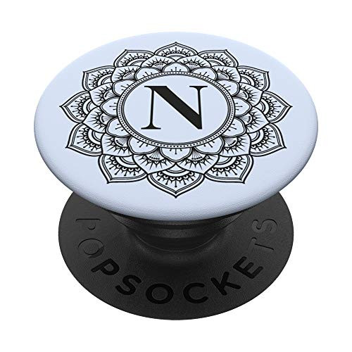 Black Mermaid White Monogram Letter N Initial Mandala Flower PopSockets PopGrip Swappable Grip for Phones  and  Tablets