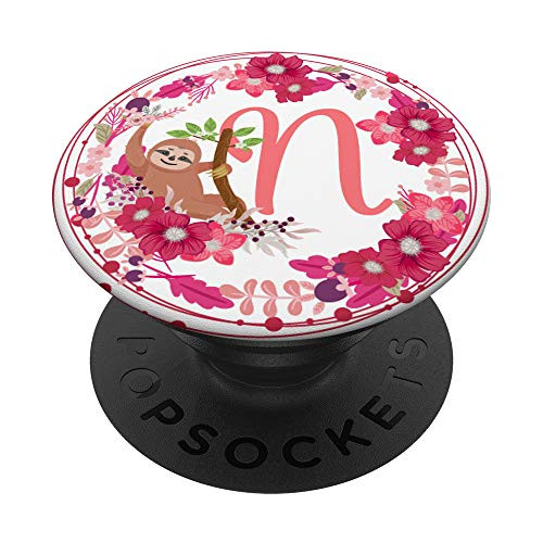 Cute Sloth  and  Flowers Letter N Initials Monogram PopSockets Grip and Stand for Phones and Tablets