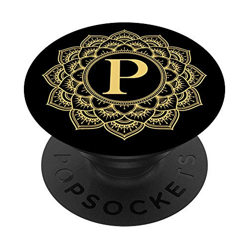 Sunflower Yellow Black Mandala Monogram Letter P Initial PopSockets PopGrip Swappable Grip for Phones  and  Tablets
