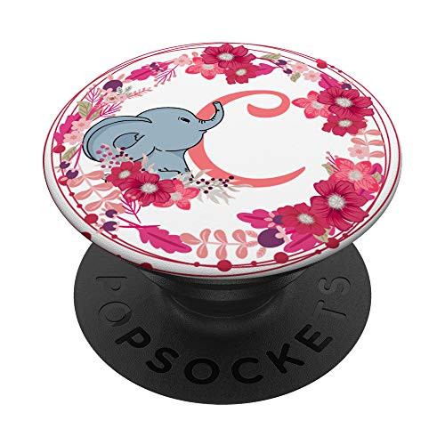 Letter C Initials Cute Elephant  and  Flowers Monogram PopSockets Grip and Stand for Phones and Tablets
