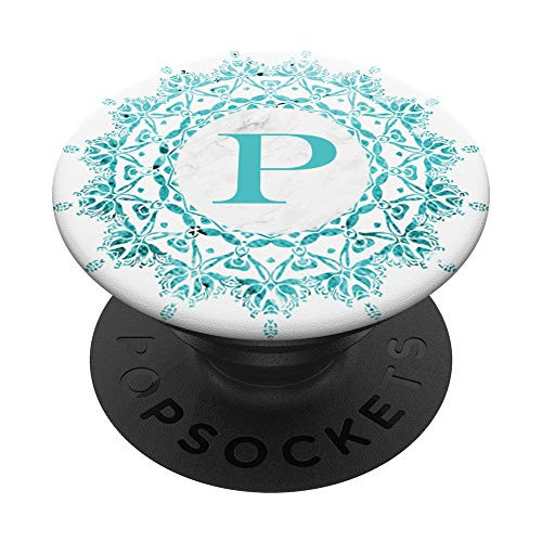 Cell Phone Pop Out Grip HolderTeal Mandala White Monogram P PopSockets Grip and Stand for Phones and Tablets