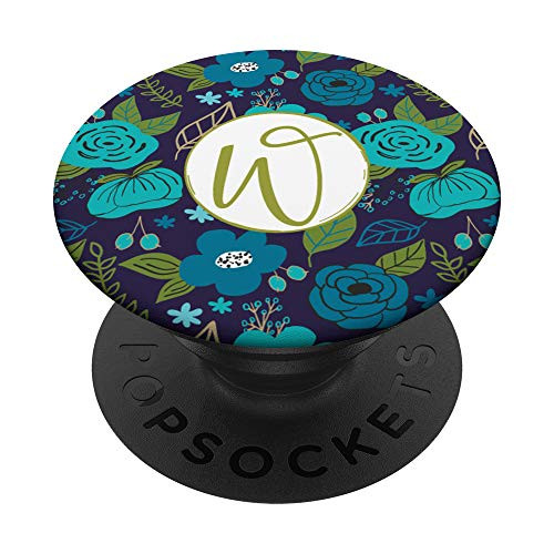 Blue Modern Floral Garden Pattern Monogram Initial Letter W PopSockets Grip and Stand for Phones and Tablets