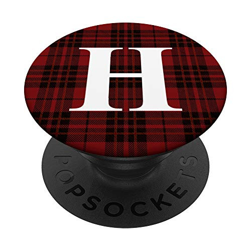 H Initial Monogram Red  and  Black Plaid Christmas Letter PopSockets PopGrip Swappable Grip for Phones  and  Tablets