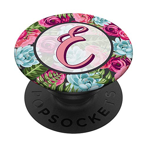 Letter E Initial Monogram Floral Rose Purple Pink Pattern PopSockets Grip and Stand for Phones and Tablets