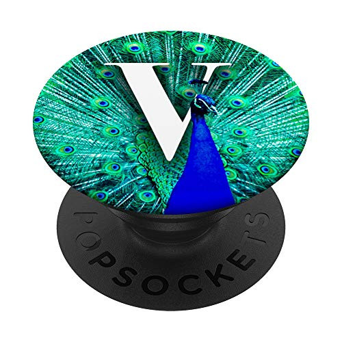 Monogram Initial V Pretty Peacock Teal Blue Feathers PopSockets Grip and Stand for Phones and Tablets