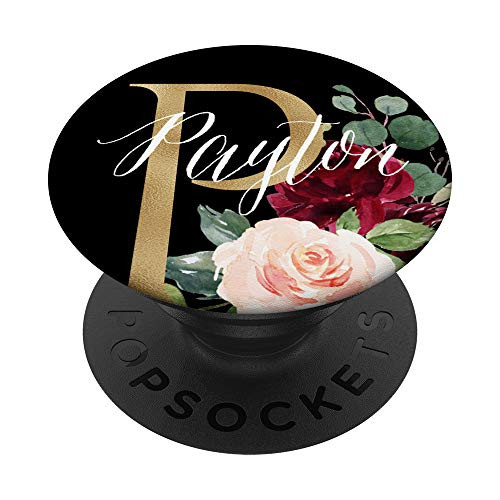 Payton First Name Initial P on Black Floral background PopSockets Grip and Stand for Phones and Tablets