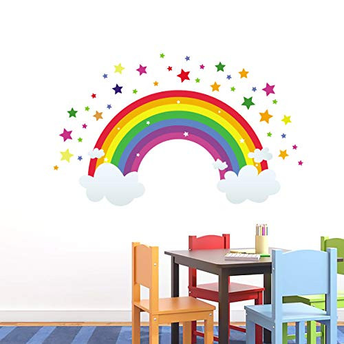 Rainbow Wall Decal Rainbow Wall Sticker Removable Rainbow Stars Clouds Decals for Nursery Kids Girls Bedroom Large 46inch x 28inchW×H