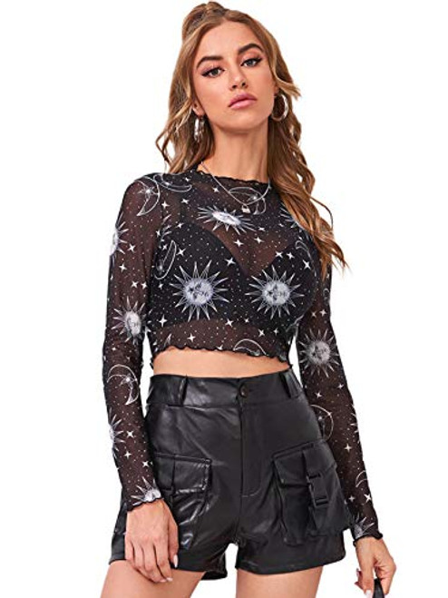 SOLY HUX Womens Printed Sheer Mesh Long Sleeve Tee See Through Crop Top Black Sun Star M SOLY HUX Womens Printed Sheer Mesh Long Sleeve Tee See Through Crop Top Black Sun Star M