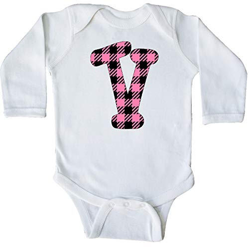 inktastic Pink Buffalo Plaid Initial V Long Sleeve Creeper Newborn White 3c8cb