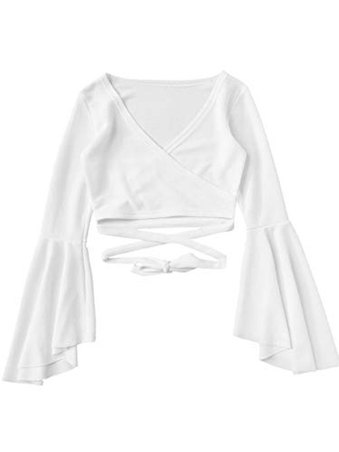 SOLY HUX Womens Surplice V-Neck Long Bell Sleeve Wrap Tie Back Crop Top Blouse White M SOLY HUX Womens Surplice V-Neck Long Bell Sleeve Wrap Tie Back Crop Top Blouse White M