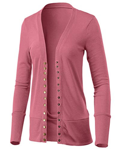 2039 Womens S-3XL V-Neck Snap Button Down Knitwear Long Sleeve Soft Basic Knit Cardigan Sweater Rose 3XL