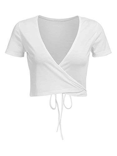 SheIn Womens Wrap Tie Front T-Shirt Short Sleeve Deep V-Neck Tee Crop Top White Medium