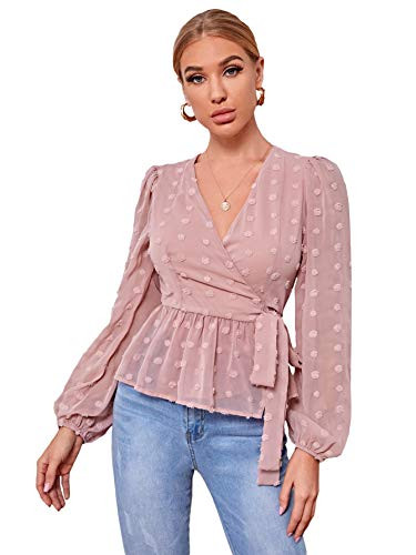 SheIn Womens V Neck Wrap Tie Waist Peplum Blouse Polka Dots Lantern Long Sleeve Tops Pink Medium