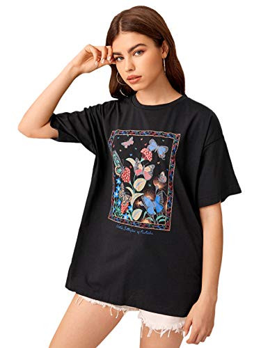 Romwe Womens Short Sleeve Butterfly Graphic Print Tee Tops Oversized T Shirt Black M
