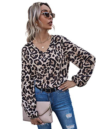 Romwe Womens Leopard Print Shirts Bishop Long Sleeve V Neck Blouse Tops Multicolor1 Small