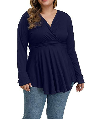 Allegrace Plus Size Tunic Women Long Sleeve Leopard Print Tops Pleated Casual V Neck Tunics Solid Dark Blue 4X