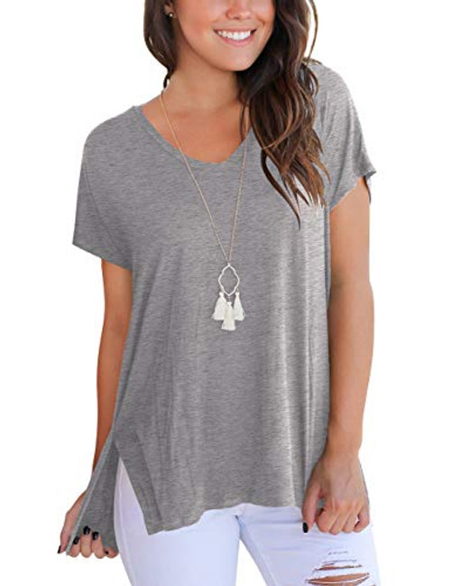 Plain T Shirts for Women V Neck Short Sleeve Tops Loose Basic Tees Summer Gray M