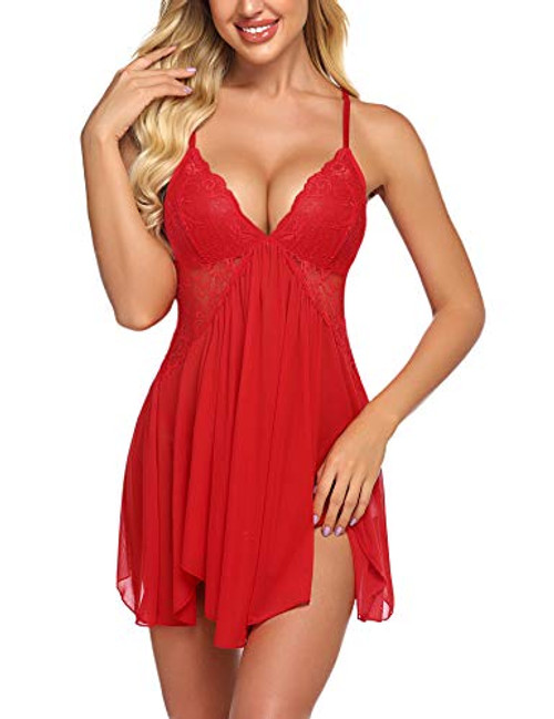 Avidlove Women Lingerie Lace Babydol V Neck Sleepwear Strap Chemise Red