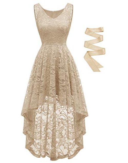 BeryLove Womens Floral Lace Hi-Lo Bridesmaid Dress V Neck Cocktail Formal Swing Dress BLP7018ChampagneXS