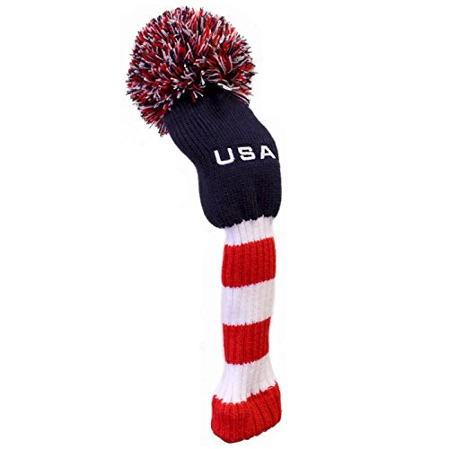 JP Lann Golf Driver USA Stripes Pom Head Cover, Red/White/Blue