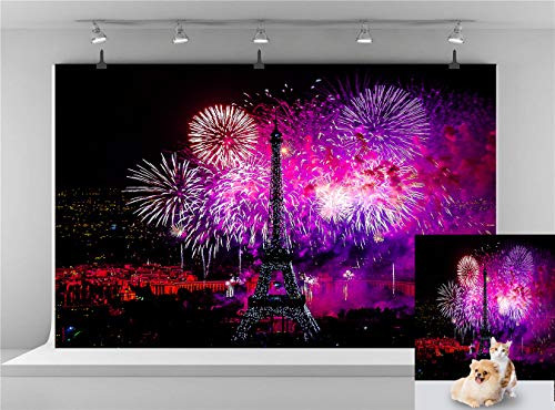 Night Paris Eiffel Tower Backdrop Color Fireworks Photography Background Wedding Birthday Backdrop New Year Celebration Background Photo Booth Backdrop 7x5FT E00T9019
