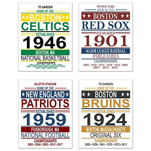 Boston Vintage Sports Posters - Set of Four 11x14 Prints - Celtics, Red Sox, Patriots, Bruins - NBA, MLB, NFL, NHL Memorabilia Fan Art
