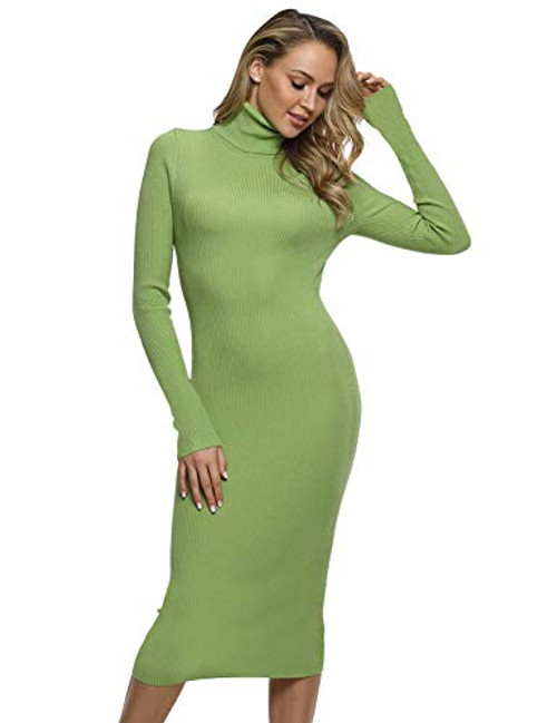 PrettyGuide Women Slim Fit Ribbed Turtleneck Long Sleeve Midi Knit Sweater Dress Avocado Green M