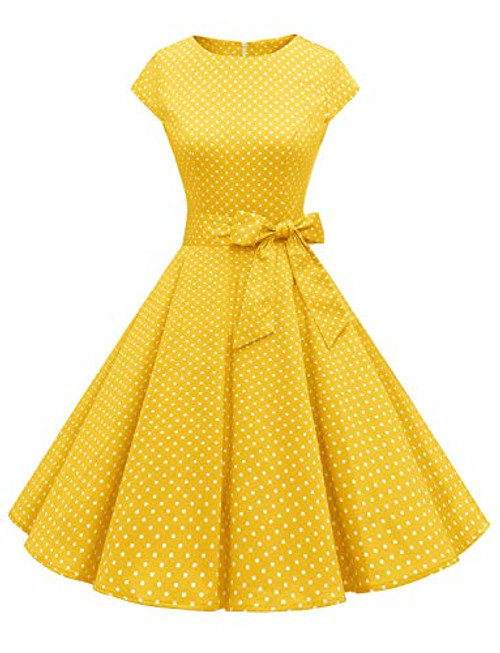 Dressystar 1956 Women Vintage Cocktail Dress 1950s Retro Rockabilly Prom Dresses Cap-Sleeve YellowWhiteDot A M Dressystar 1956 Women Vintage Cocktail Dress 1950s Retro Rockabilly Prom Dresses Cap-Sleeve YellowWhiteDot A M