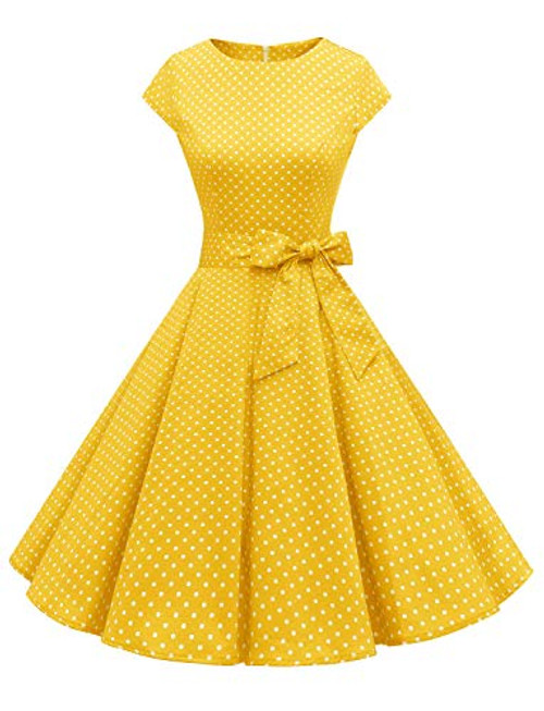 Dressystar 1956 Women Vintage Cocktail Dress 1950s Retro Rockabilly Prom Dresses Cap-Sleeve YellowWhiteDot A M