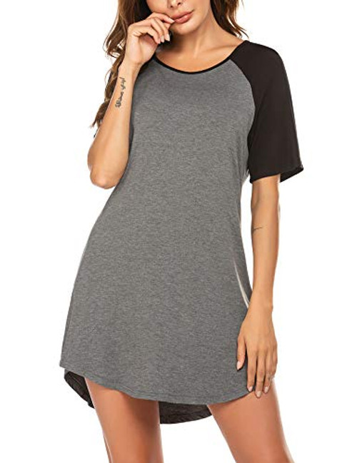 Ekouaer Short Sleeve Nightgown Raglan Sleepshirt Boyfriend Style Sleepwear for Women Large Dark Grey