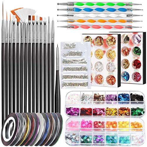 Nail Art Decoration Kit FANDAMEI Nail Art Brushes Kit with Nail Dotting Pen Nail Butterfly Glitter Maple Leaf Glitter Sequins Nail Foil Flakes AB Nail Art Rhinestones and Nail Striping Tape Line