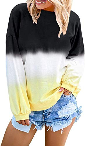 Womens Crewneck Sweatshirt Long Sleeve Tops Tie Dye Printed Colorblock Casual Loose Pullover Black-16 Medium