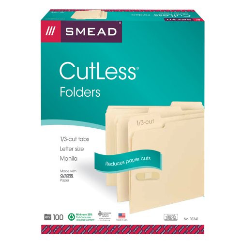 Smead CutLess File Folder, 1/3-Cut Tab, Letter Size, Manila, 100 Per Box (10341)