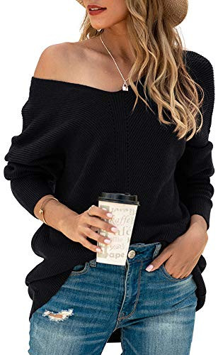 Iandroiy Womens Off Shoulder Loose Pullover Sweater Batwing Sleeve Knit Jumper Oversized Tunics Top MediumBlack